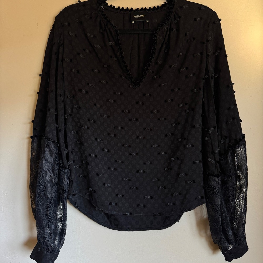Rachel Comey Lace Pattern V-Neck Blouse Womens 2 Black Pom Pom Clip Dot Boho